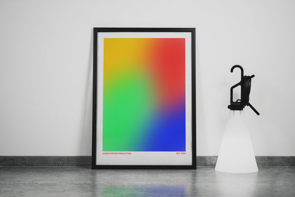 Four Color Fade minimalist Danish art poster with soft yellow, red, green and blue gradients on enhanced matte paper. Framed poster.