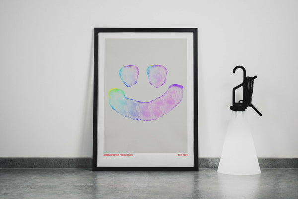 High Happy Face minimalist Danish art poster with soft blue og purple colors, making a happy face on enhanced matte paper. Framed poster.