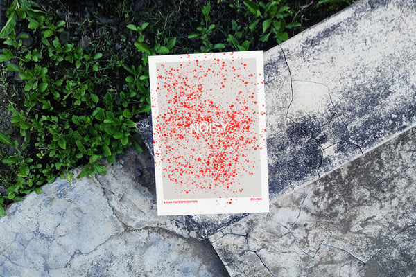 Noisy Crime Scene minimalist Danish art poster with red blood splatter on enhanced matte paper. Poster placed in nature.
