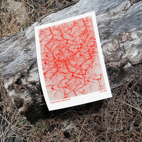 Toxic Soil minimalist Danish art poster with colorful red cracks on enhanced matte paper - Poster placed in nature