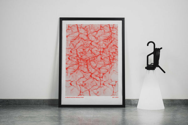 Toxic Soil minimalist Danish art poster with colorful red cracks on enhanced matte paper. Framed poster.