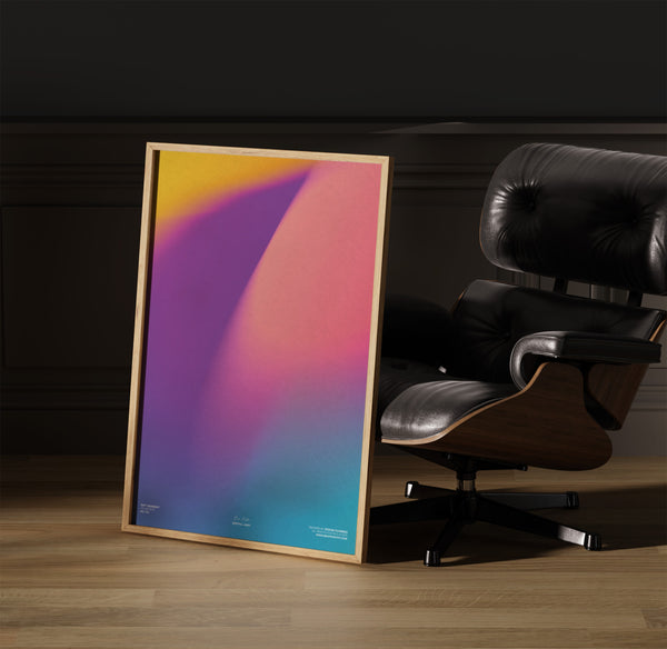 Wistful Light minimalist Danish art poster with soft red, purple and yellow gradients on enhanced matte paper. Interior setting.